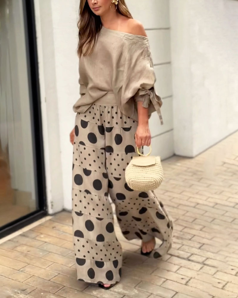 Casual Shoulder Top & Printed Pants Two-Piece Set