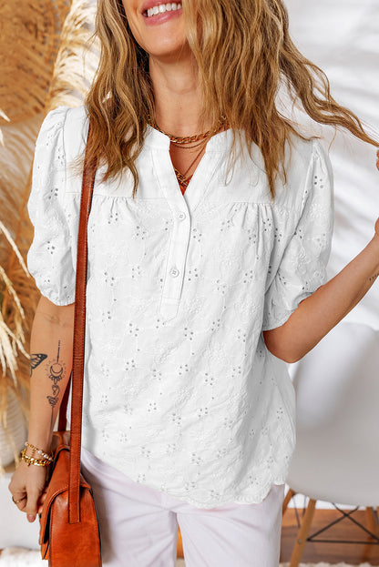 Sky Blue Lace Crochet V Neck Half Sleeve Embroidery Button Down Blouses Casual Shirts