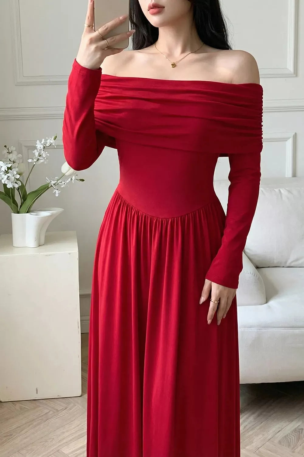Off-Shoulder Ruched Bodycon Maxi Dress