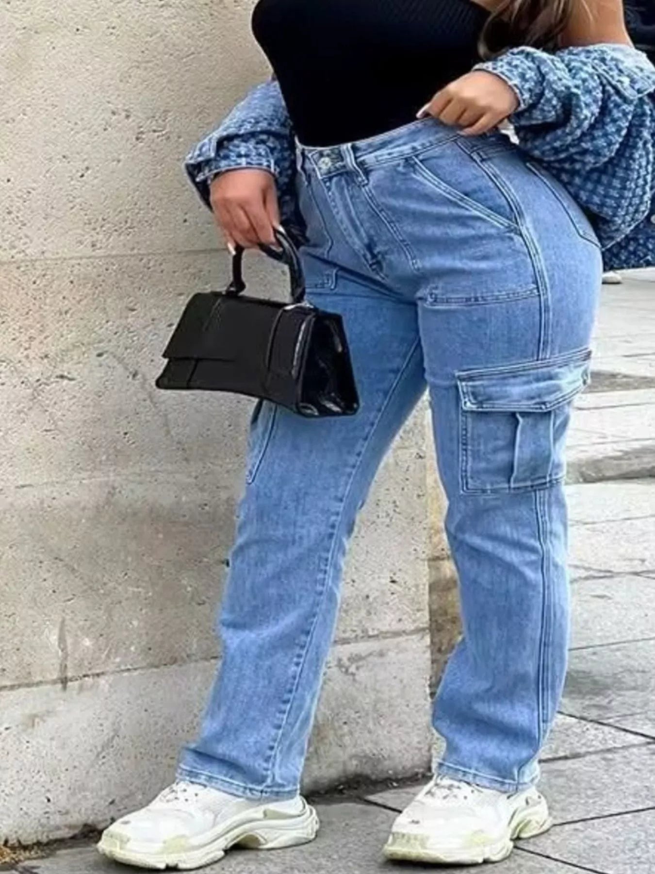 Full Size Light Wash Cargo Jeans with Multiple Pockets Plus Size