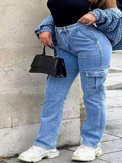 Full Size Light Wash Cargo Jeans with Multiple Pockets Plus Size