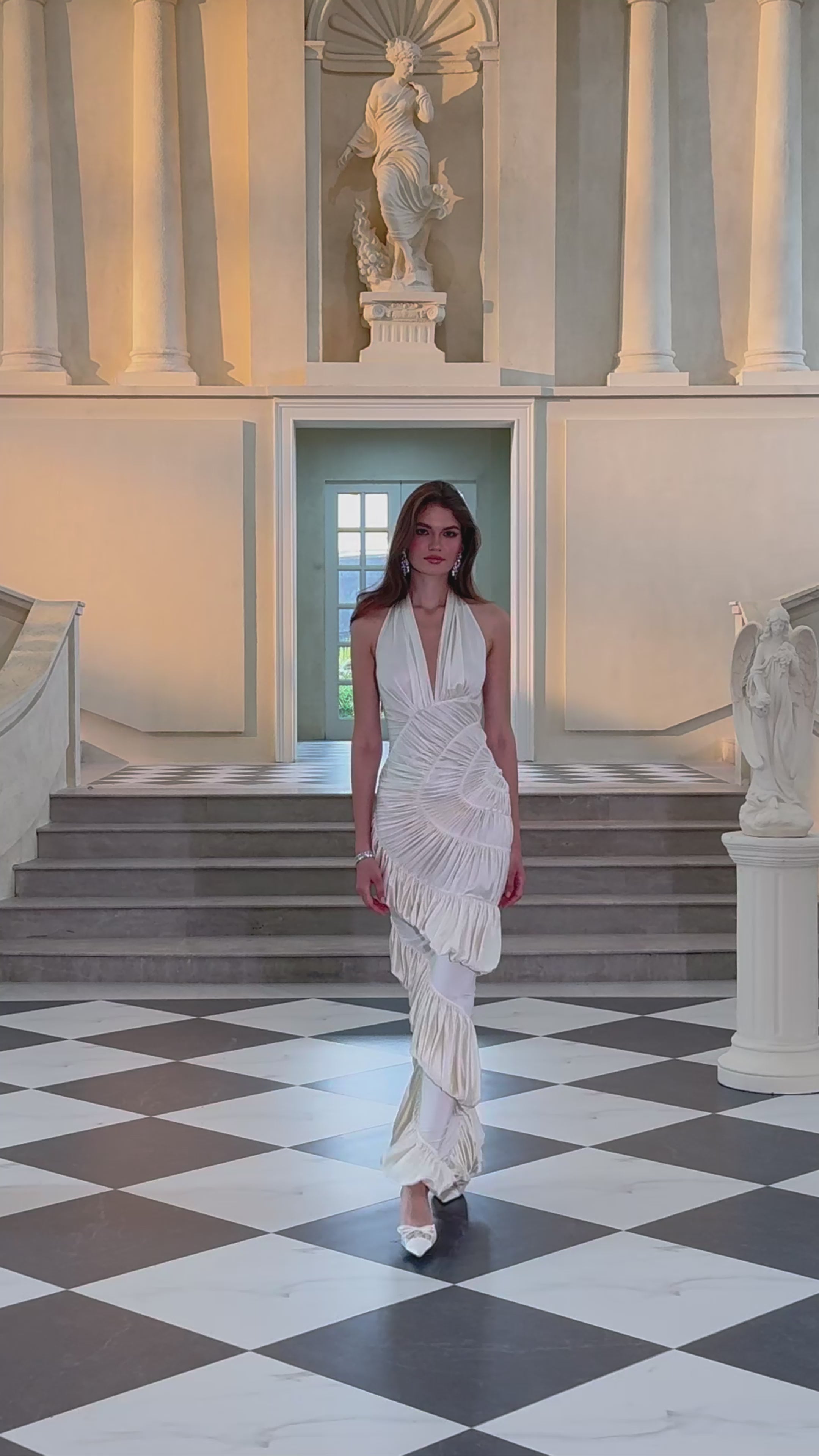 Vilhelmiina Cream White Halterneck Shirred Maxi Dress