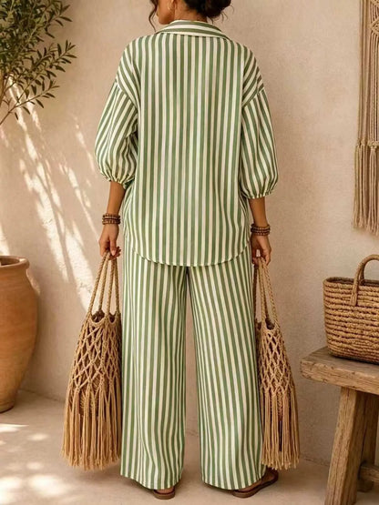 : Plus Size Striped Puff Sleeve Shirt & Wide-Leg Pants Set