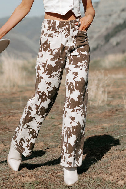 Brown Abstract Pattern Regular Fit Full-Length Western Style Jeans