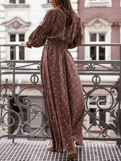 Bohemian Printed Maxi Dress with Plunging Neckline