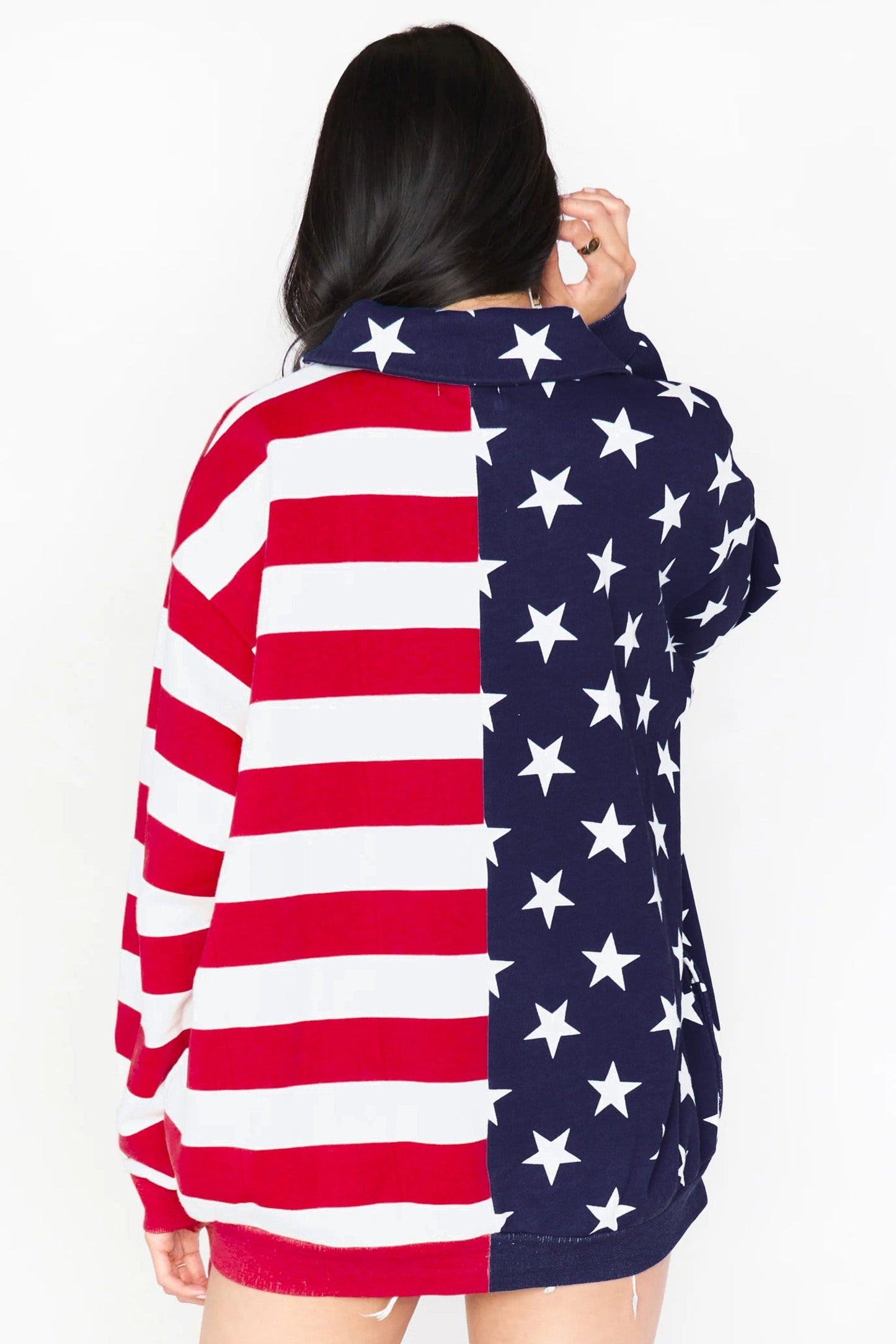 Multicolour Stars Stripes American Flag Zipped Collar Oversized Sweatshirt