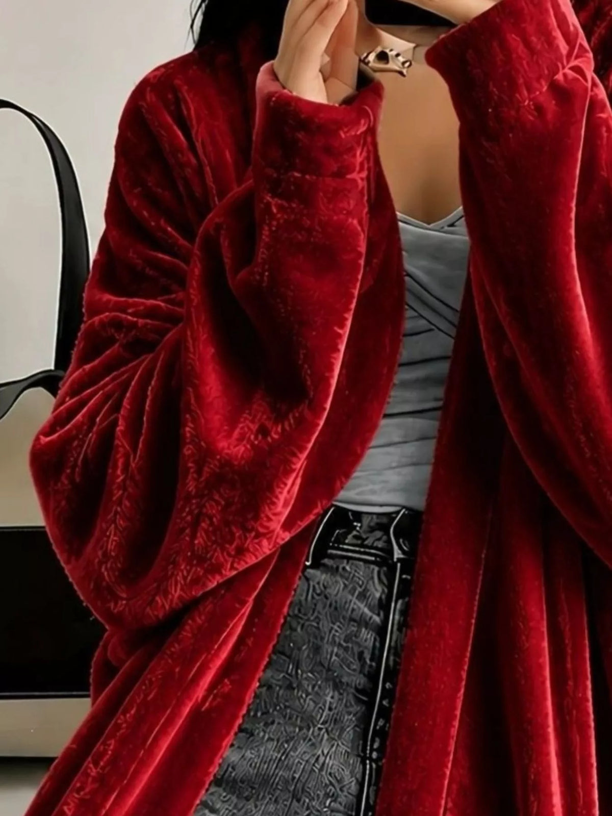 Full Size Velvet Open-Front Longline Outerwear Plus Size
