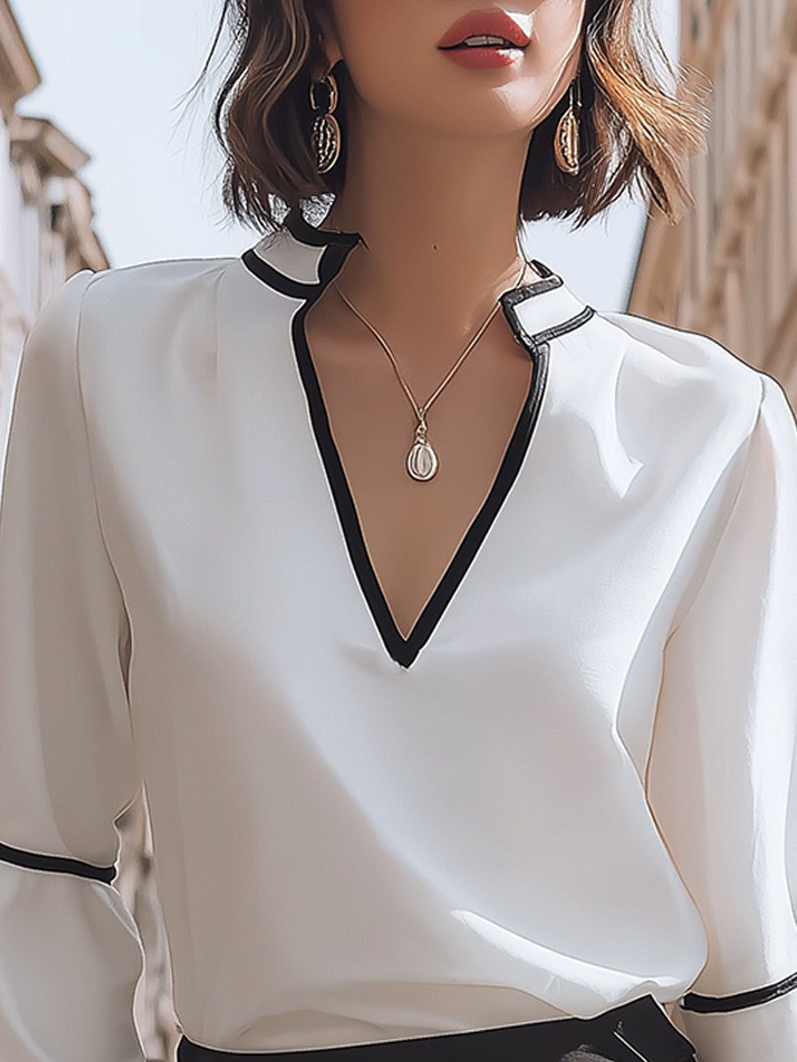 Contrast-Trim V-Neck Elegant Blouse