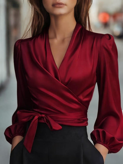 Women's Satin Tie Waist Wrap Blouse