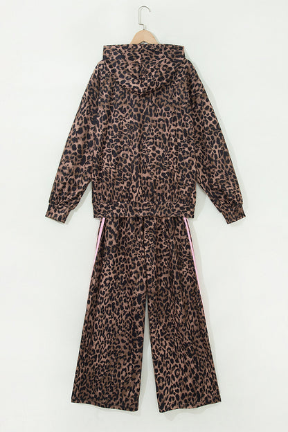 Brown Leopard Print Contrast Striped Detail Long Sleeve Top Pant Set