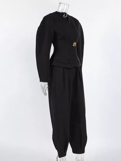 Puffy Sleeve Blazer and Wide-Leg Pants Set