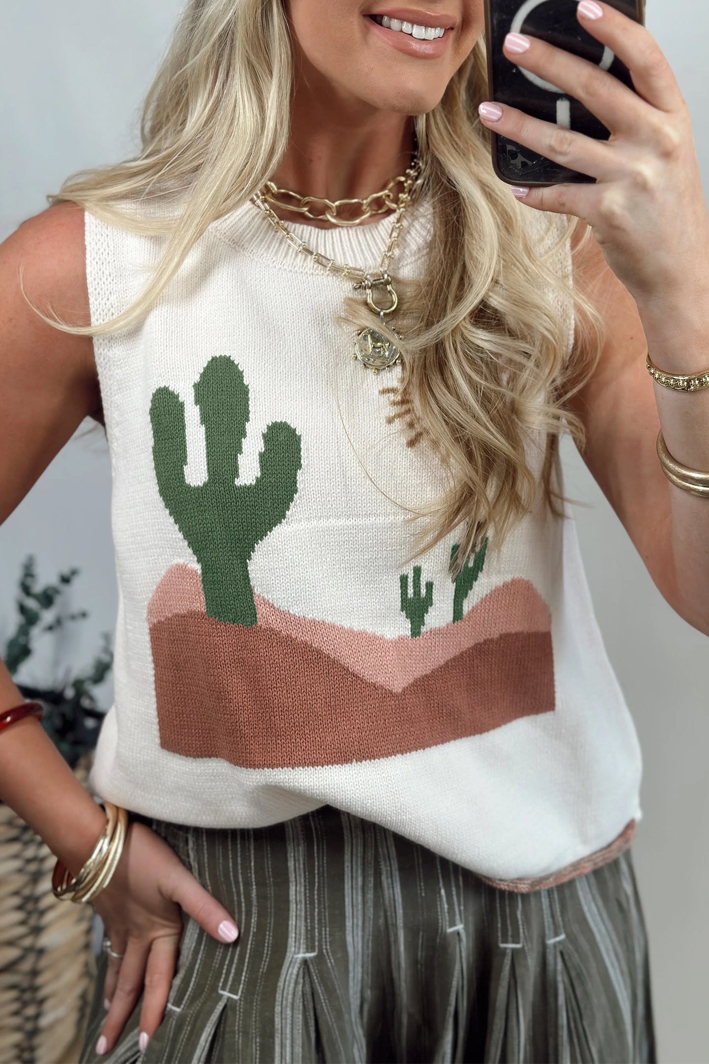 Multicolour Cactus Western Oasis Loose Sweater Vest