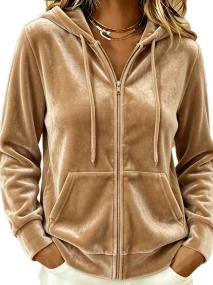 Full Size Velvet Zip-Up Hoodie with Drawstring Plus Size