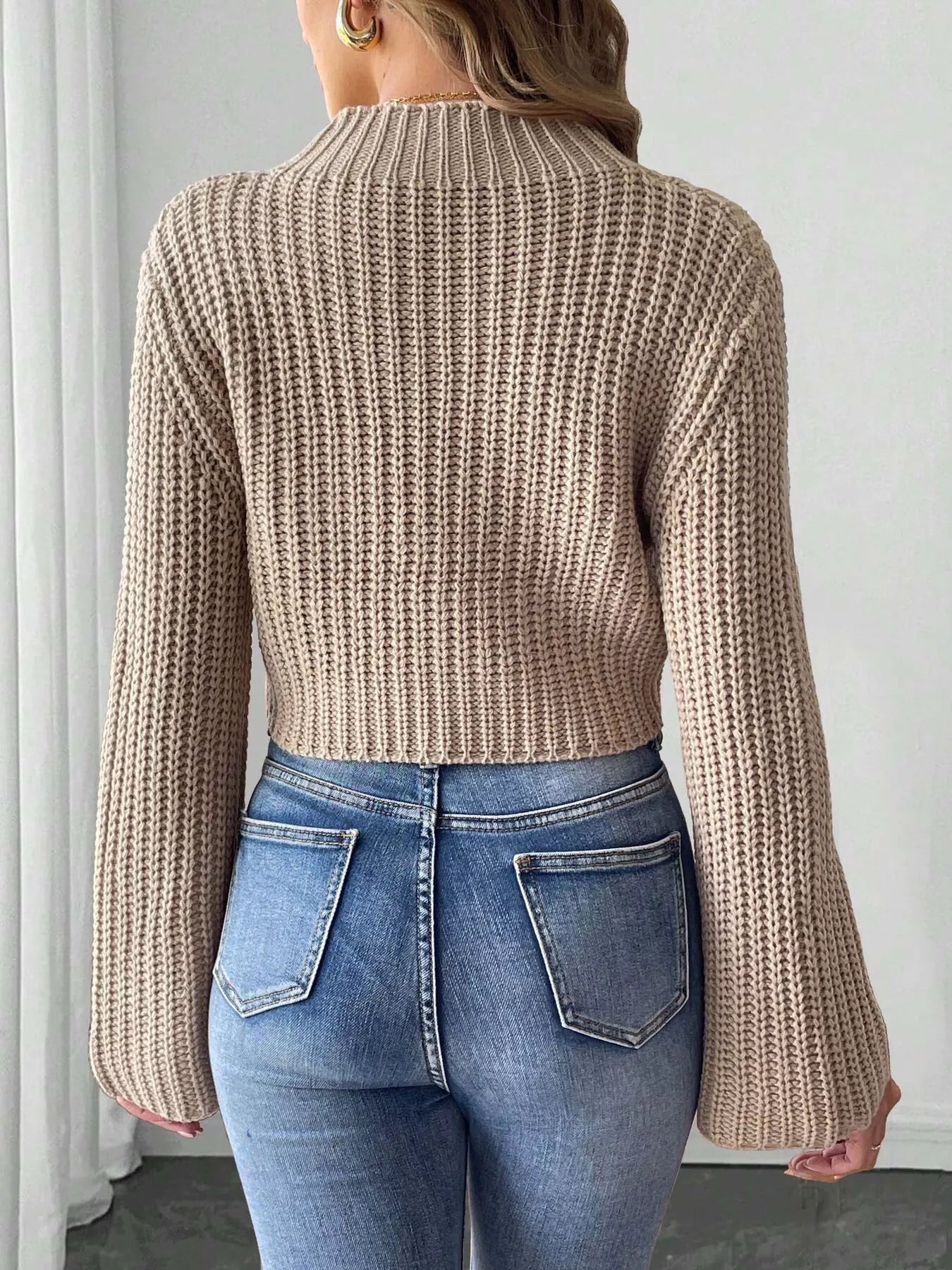 Bow-Decorated Mock Neck Cropped Sweater