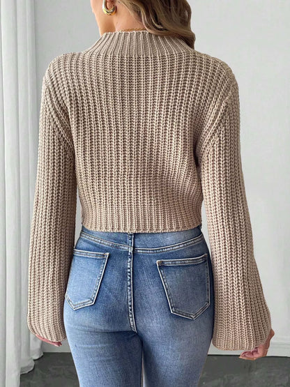 Bow-Decorated Mock Neck Cropped Sweater