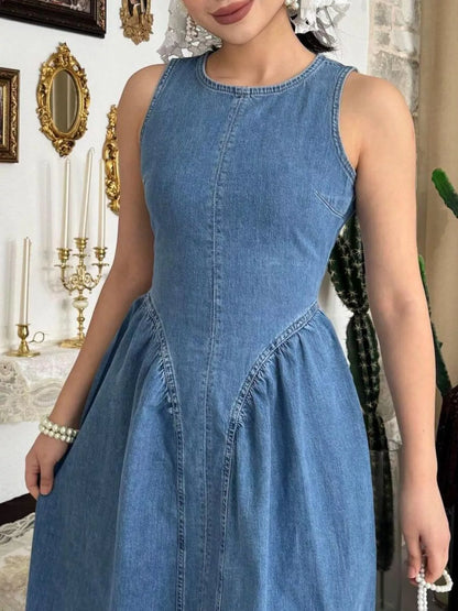 Sleeveless A-Line Denim Midi Dress