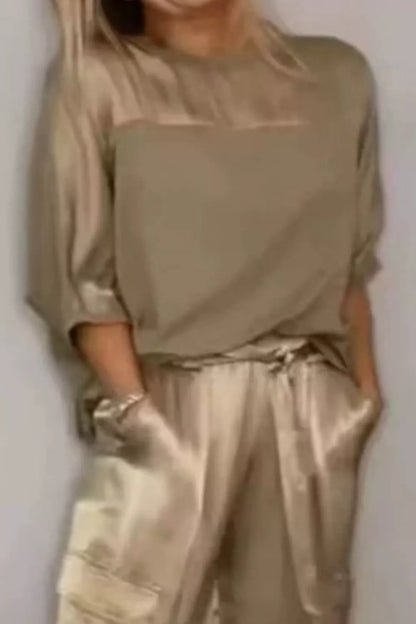 Satin Round Neck Top and Pants Set