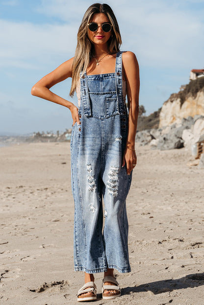 Blue Zone Planet | Stone Blue Distressed Bib Pocket Wide Leg Denim Overall