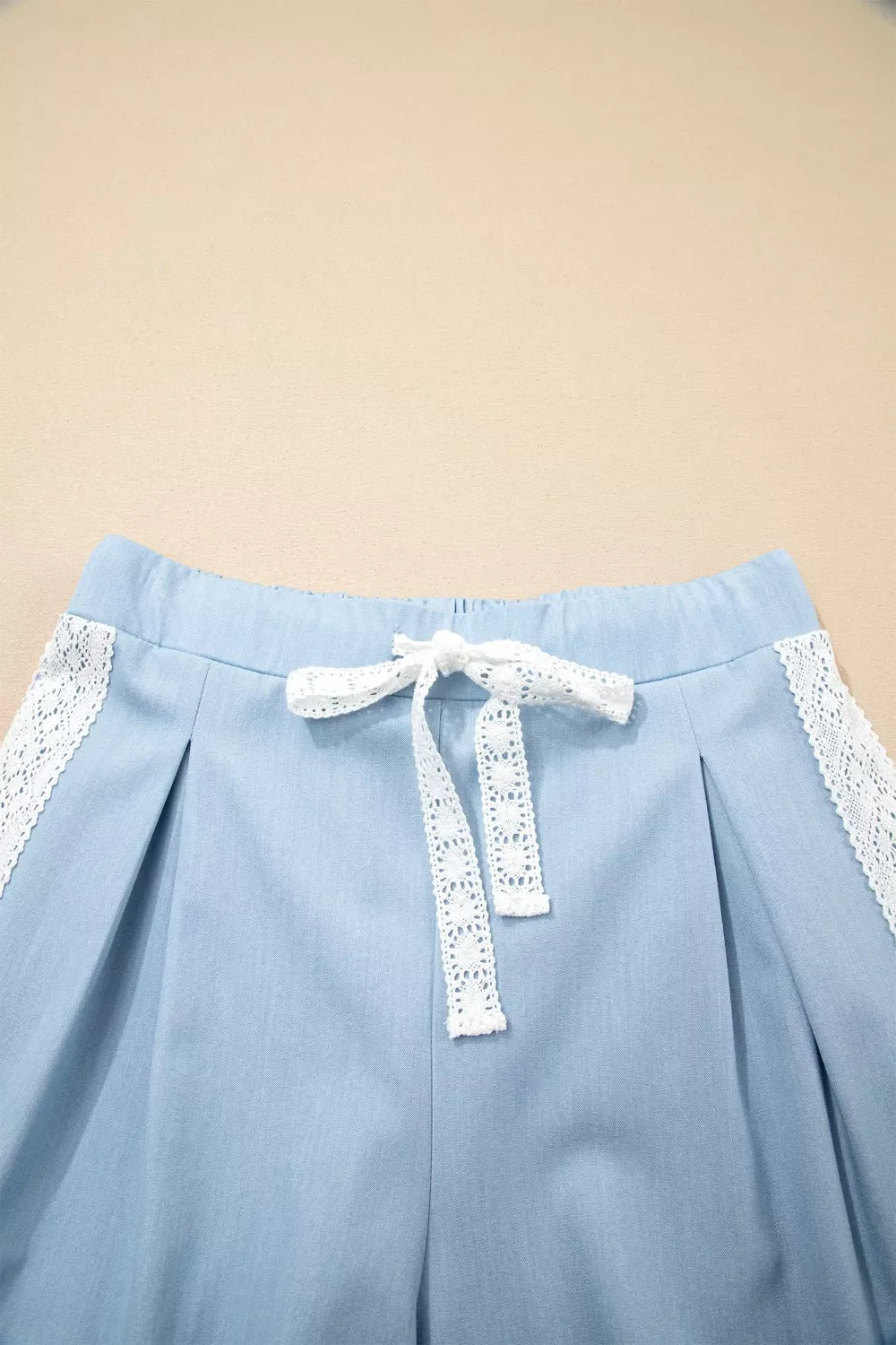Lace Accent Floral Patched Pocket Pleated Wide Leg Slouchy Pants