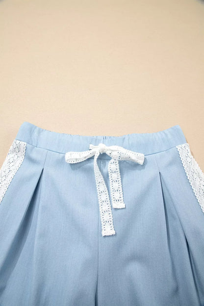 Lace Accent Floral Patched Pocket Pleated Wide Leg Slouchy Pants