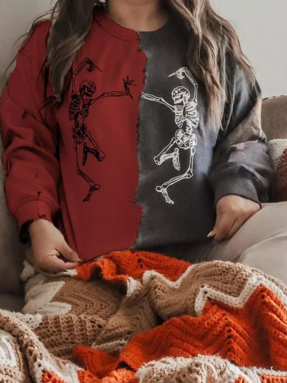 Halloween Skeleton Print Color Block Sweatshirt