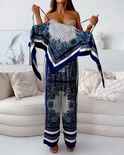 Stylish Printed Lace-Up Vest & Pants Two-Piece Set