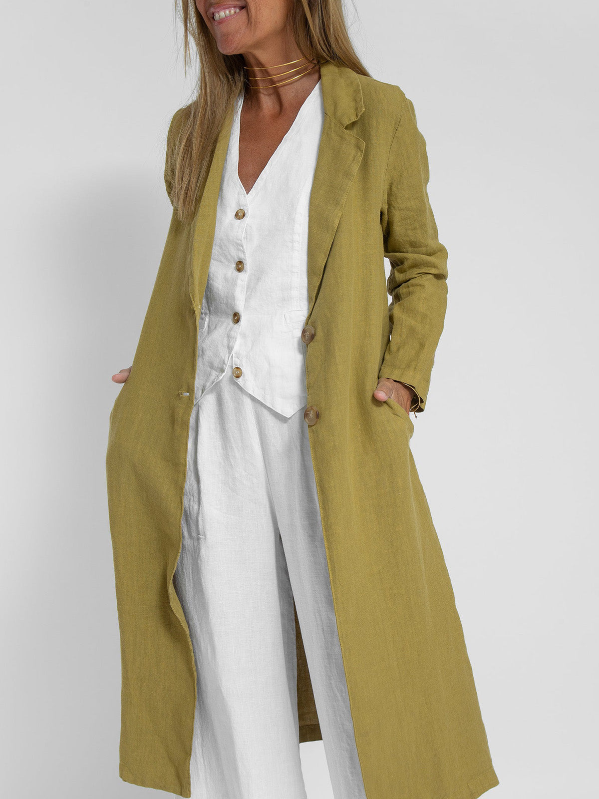 Cotton Lapel Neck and Pocket Long Jacket