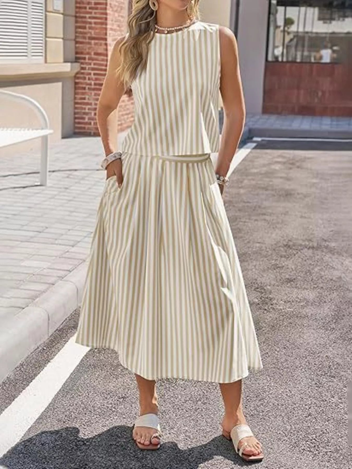 Striped Sleeveless Top and Midi Skirt Two-Piece Set