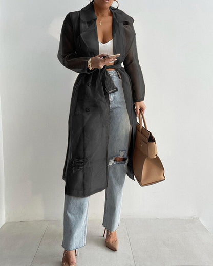 Sheer Mesh Long Sleeve Transparent Jacket Coat Buttoned Longline Trench Coat with Belt