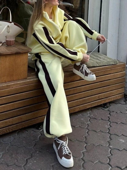 Contrast Striped Zip Up Top and Pants Set