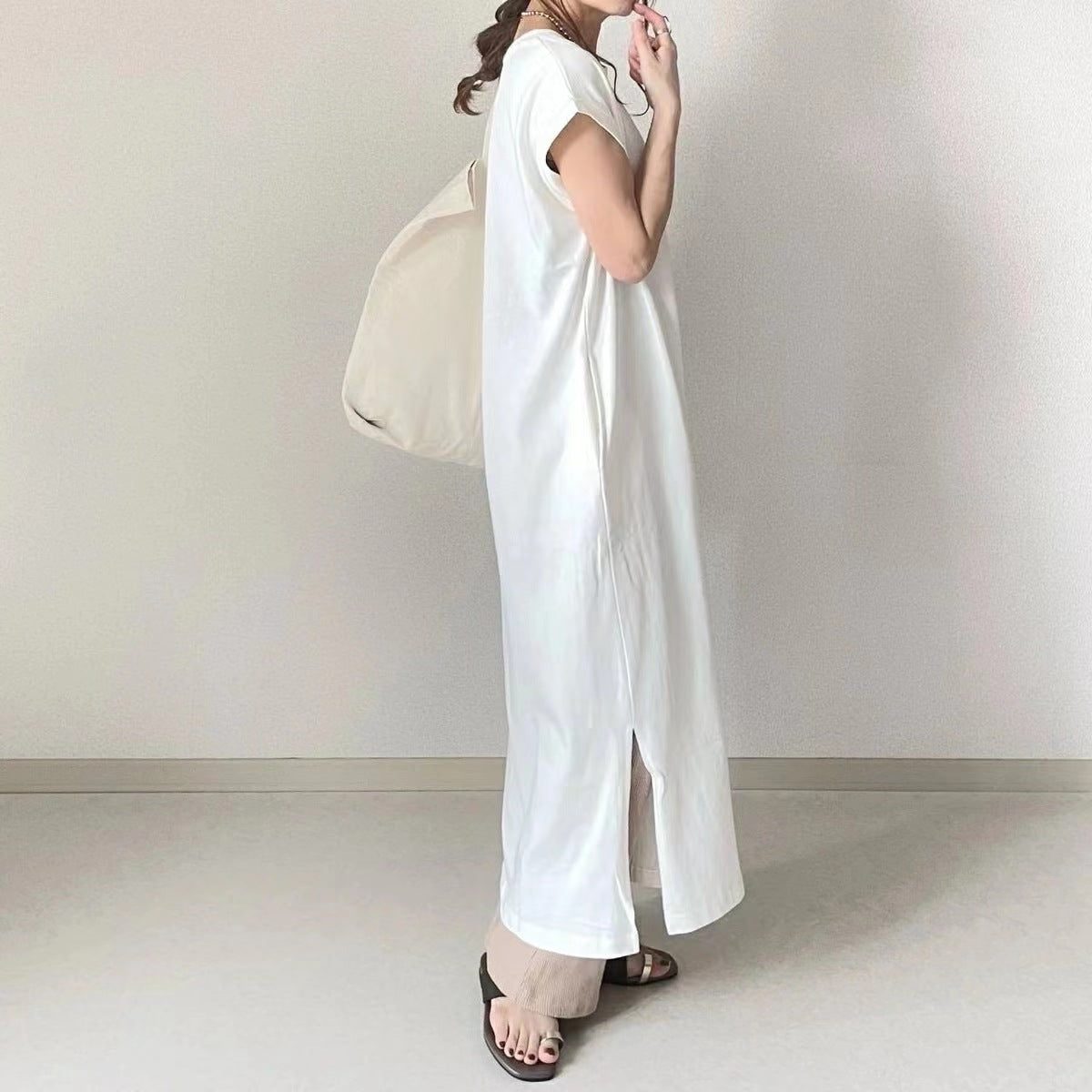 Simple Cotton Short Sleeves Maxi Dress