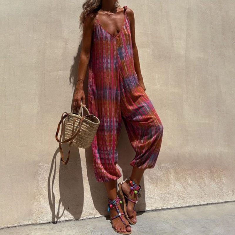 Summer V-neck printed loose tie jumpsuit