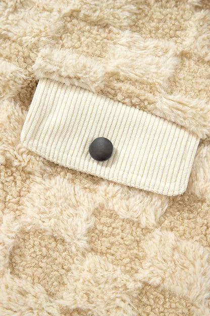 Plush Checkered Corduroy Trim Metal Button Long Sleeve Shift Silhouette Shacket