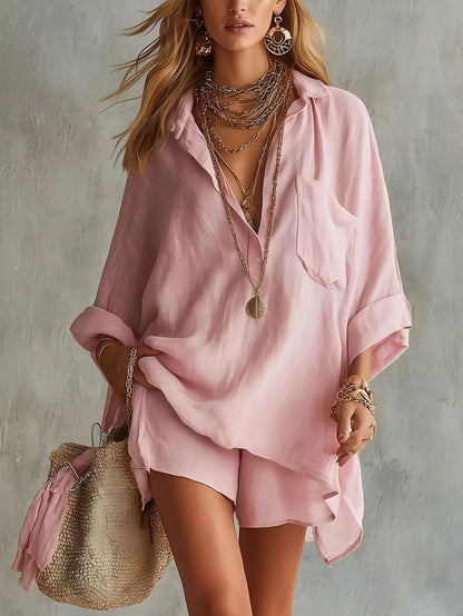 Full Size Oversized Long Sleeve Shirt and Shorts Two-Piece Set Plus Size