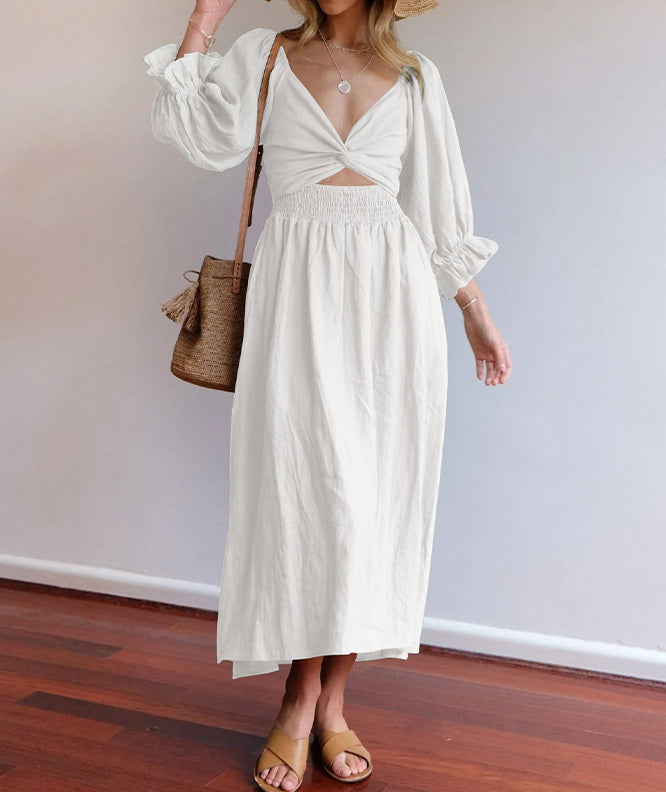 French Ruffled Lantern Sleeves Multi-wear Dress White