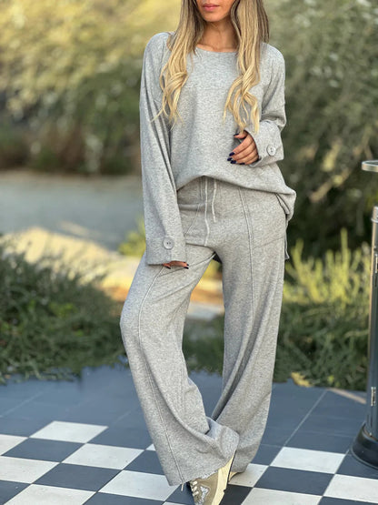 Casual Solid Color Long-Sleeved & Wide-Leg Pants Two-Piece Set