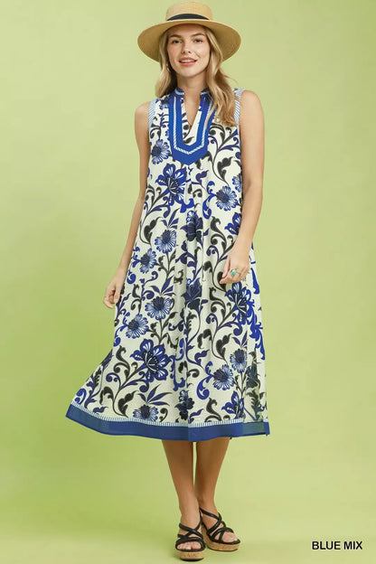 Umgee Floral Scroll Sleeveless Midi Dress