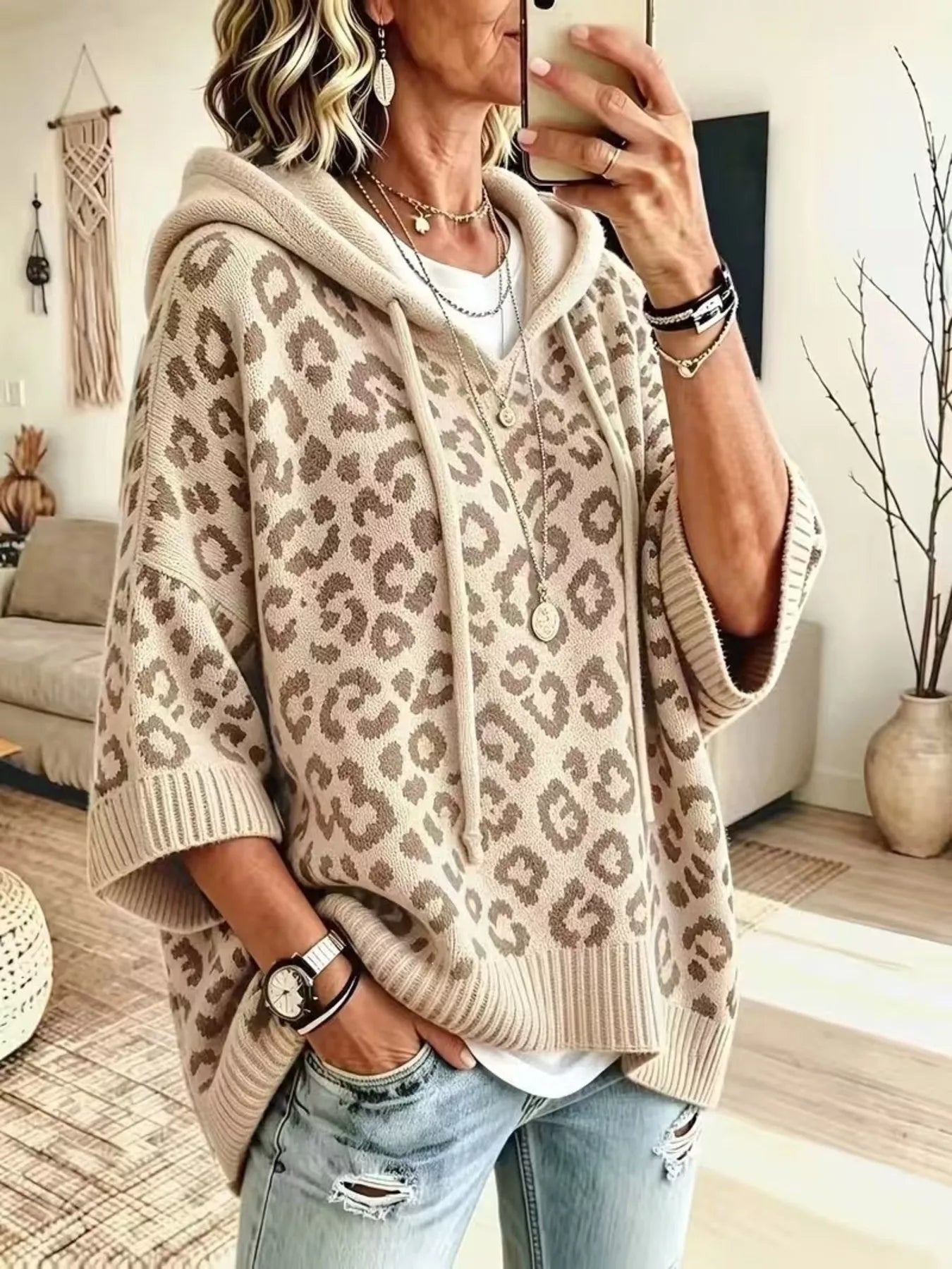 Women's Leopard Print Drawstring Hooded Sweater