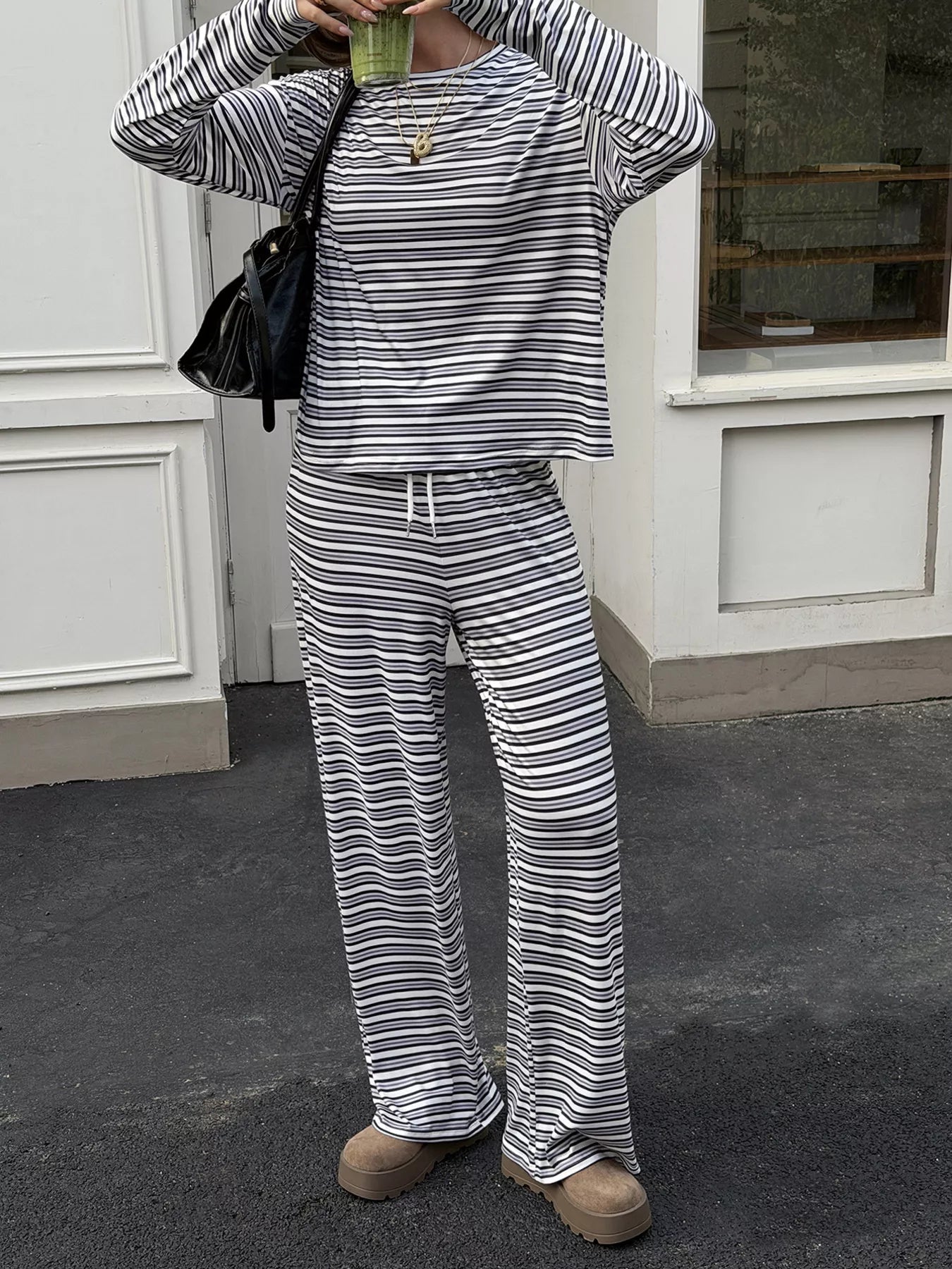 Striped Casual Long Sleeve Top and Wide Leg Pants Set