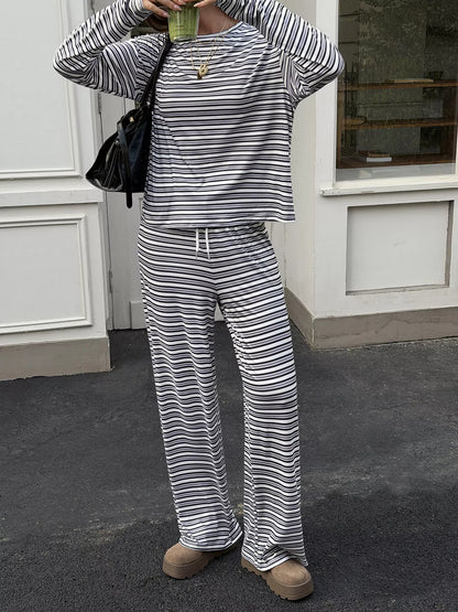 Striped Casual Long Sleeve Top and Wide Leg Pants Set