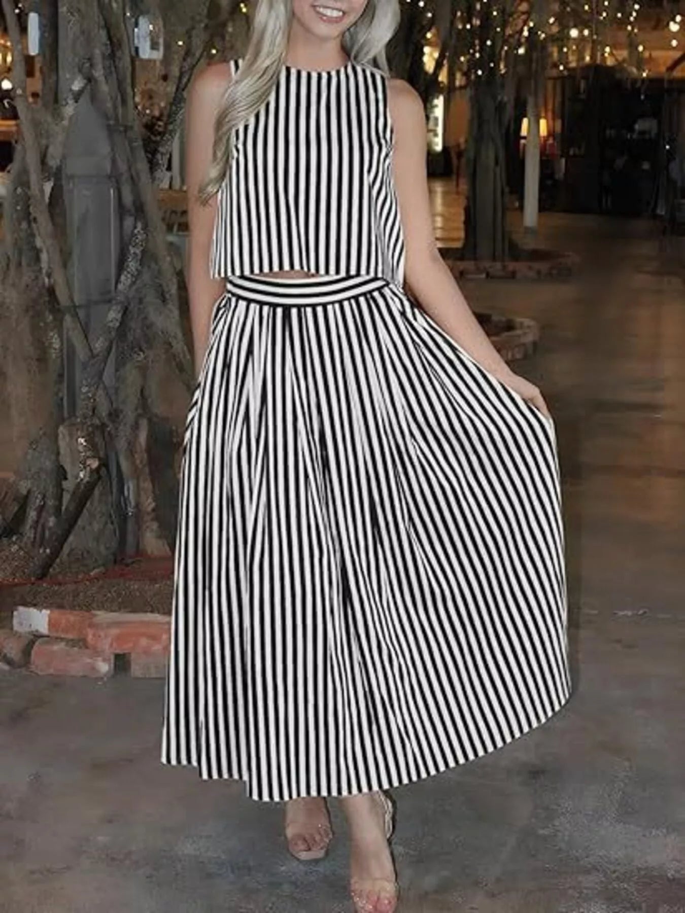 Striped Sleeveless Top and Midi Skirt Two-Piece Set