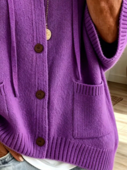 Full Size Casual Hooded Button-Down Knit Cardigan with Pockets Plus Size