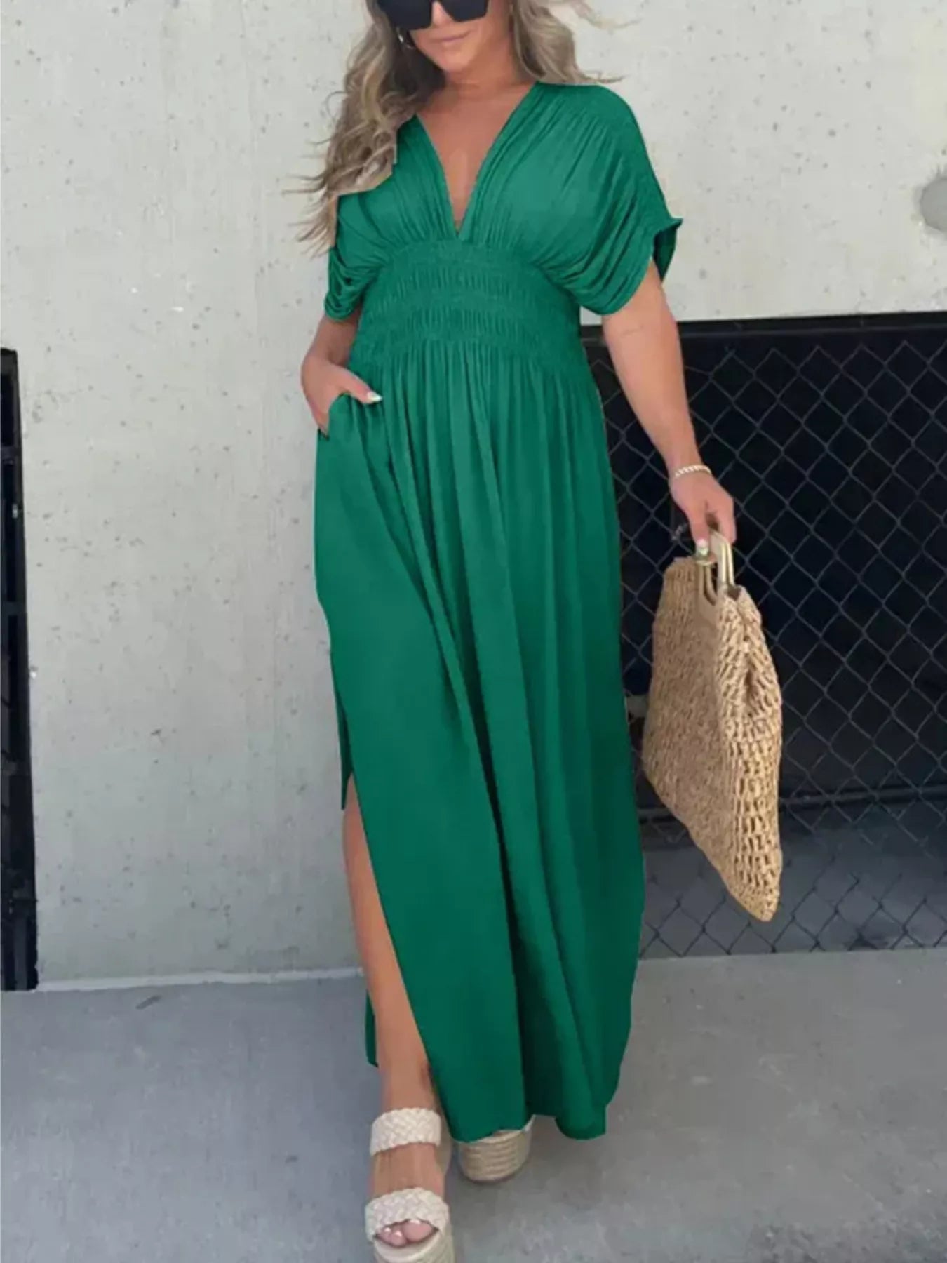 Full Size Slit V-Neck Smocked Waist Maxi Dress Plus Size