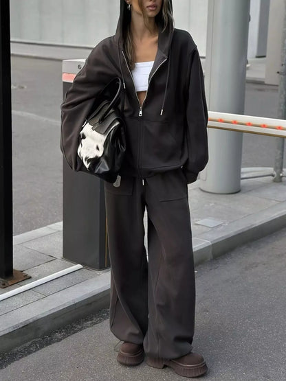 Oversized Zip-Up Hoodie and Wide-Leg Pants Set