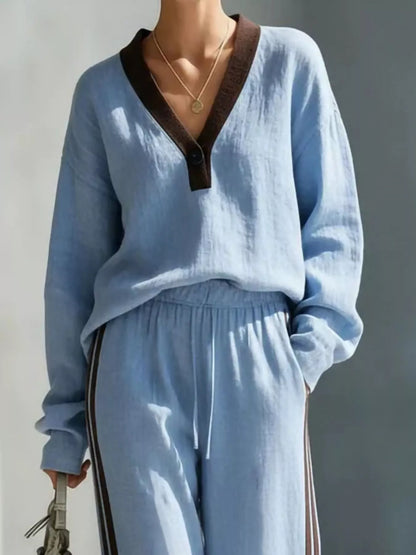 Contrast V-Neck Top and Striped Pants Set | Diva USA