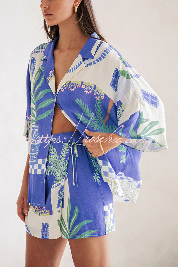 Ensemble chemise ample à imprimé unique et jupe portefeuille à lacets à taille élastique « Balmy Summer Nights »