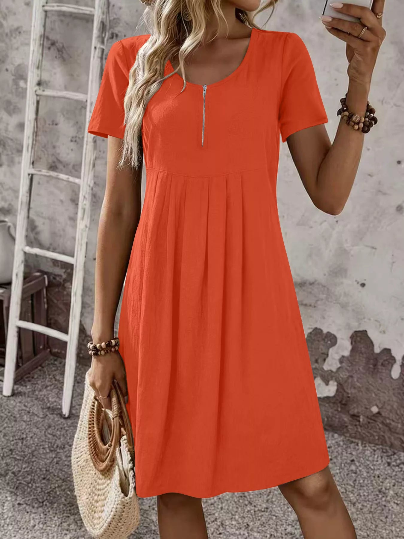 Zipper-Front Short Sleeve A-Line Dress