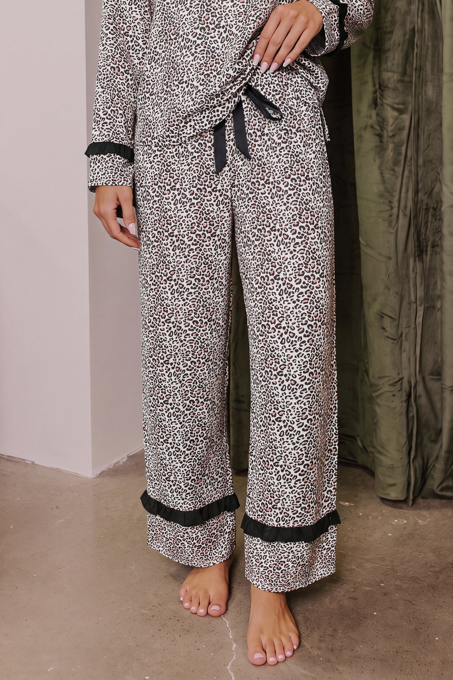 Brown Leopard Print Bow Knot Patchwork Long Sleeve Lounge Set