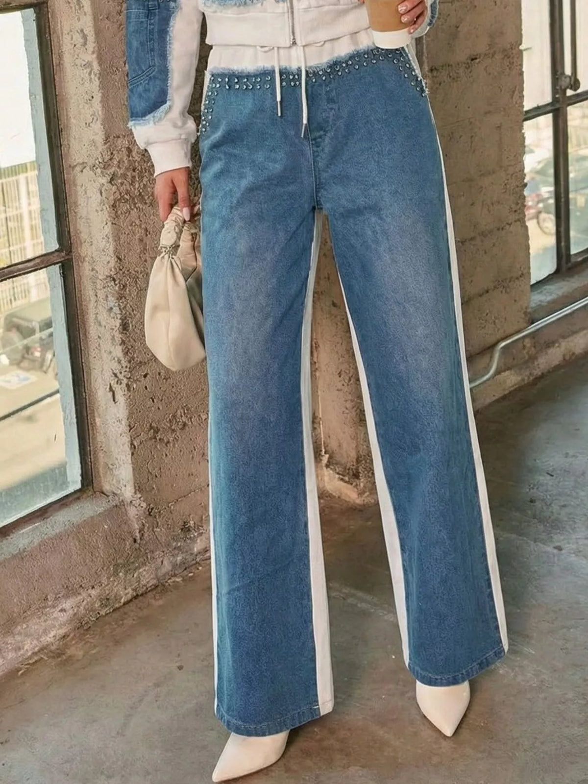 Full Size Studded Denim Patchwork Hoodie and Joggers Set Plus Size