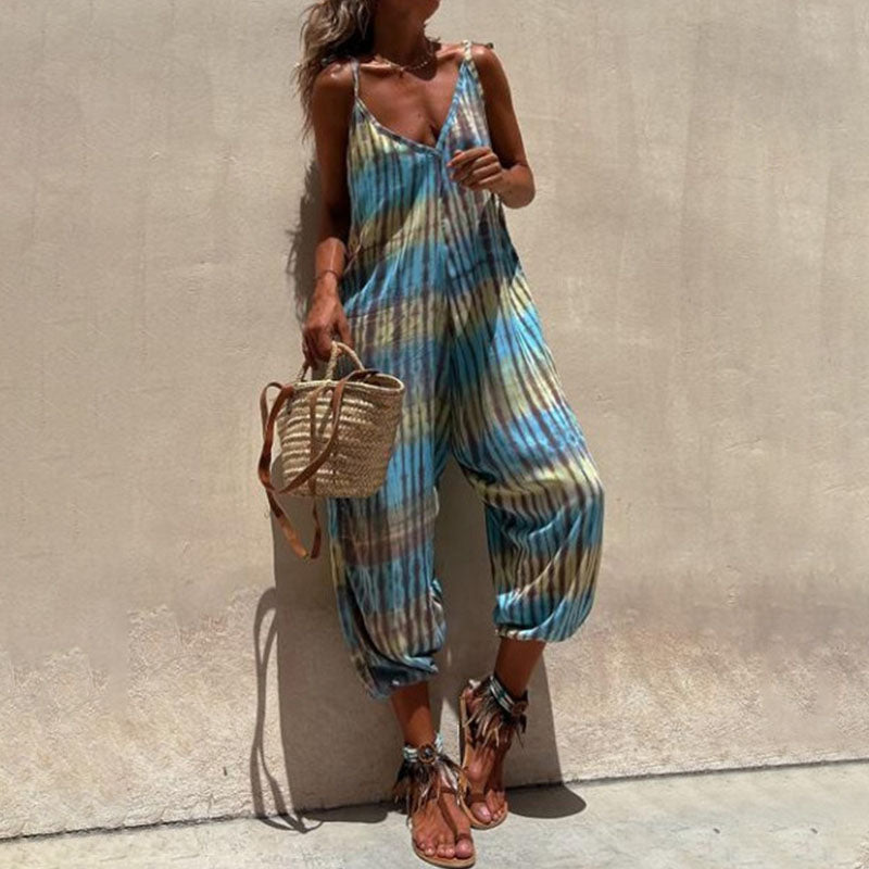 Summer V-neck printed loose tie jumpsuit